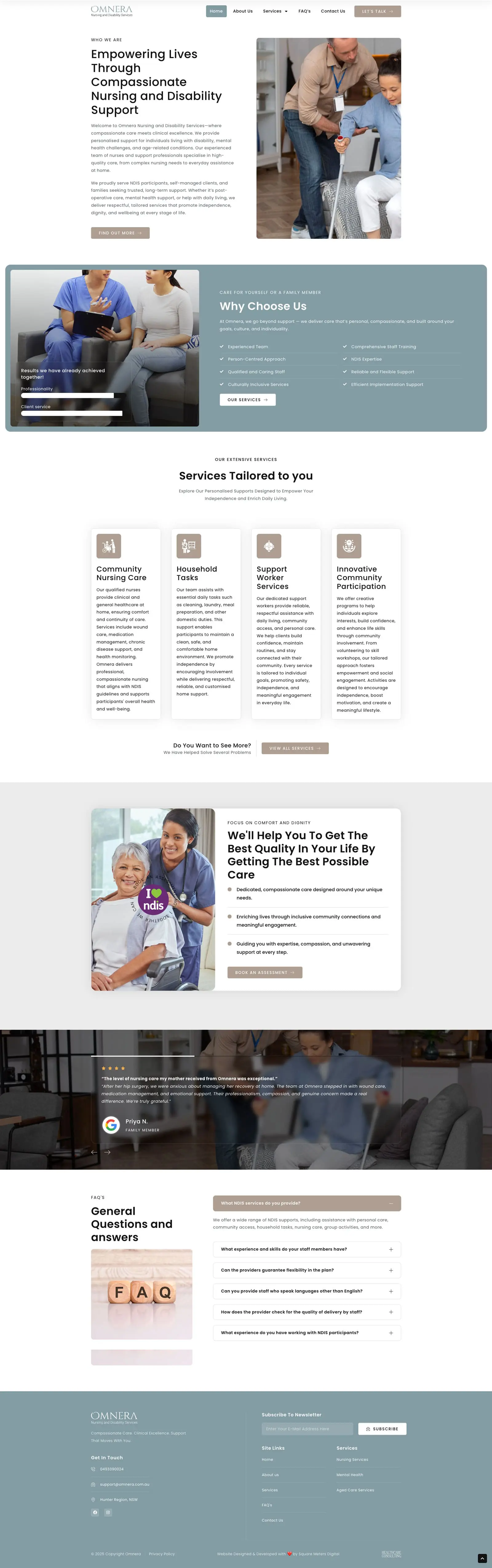 Omnera homepage showing nursing and disability support layout, services cards, testimonials, FAQs, and footer contact area.