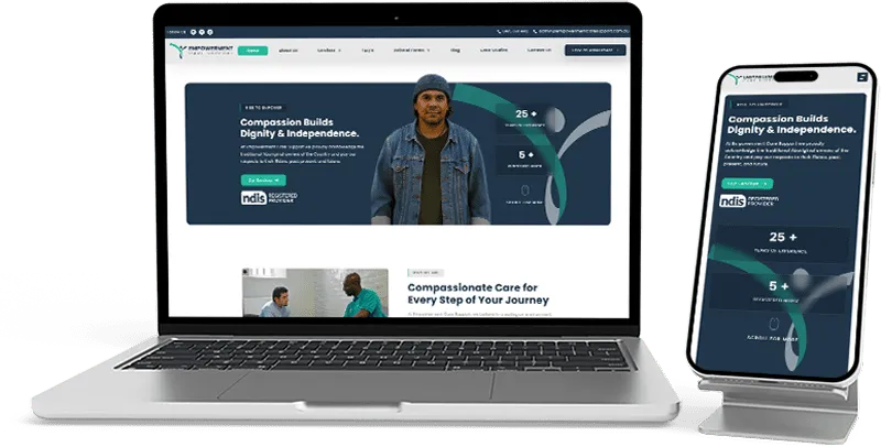 Responsive NDIS provider website design displayed on laptop and smartphone screens.
