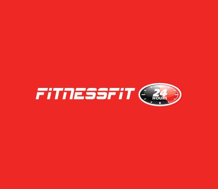 FitnessFit Logo displayed on a bold red background with white text and a 24-hour badge design
