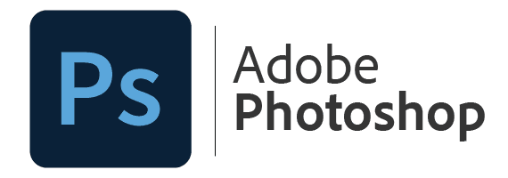 Adobe Photoshop logo featuring dark blue square with “Ps” initials beside modern grey and black text on a light background