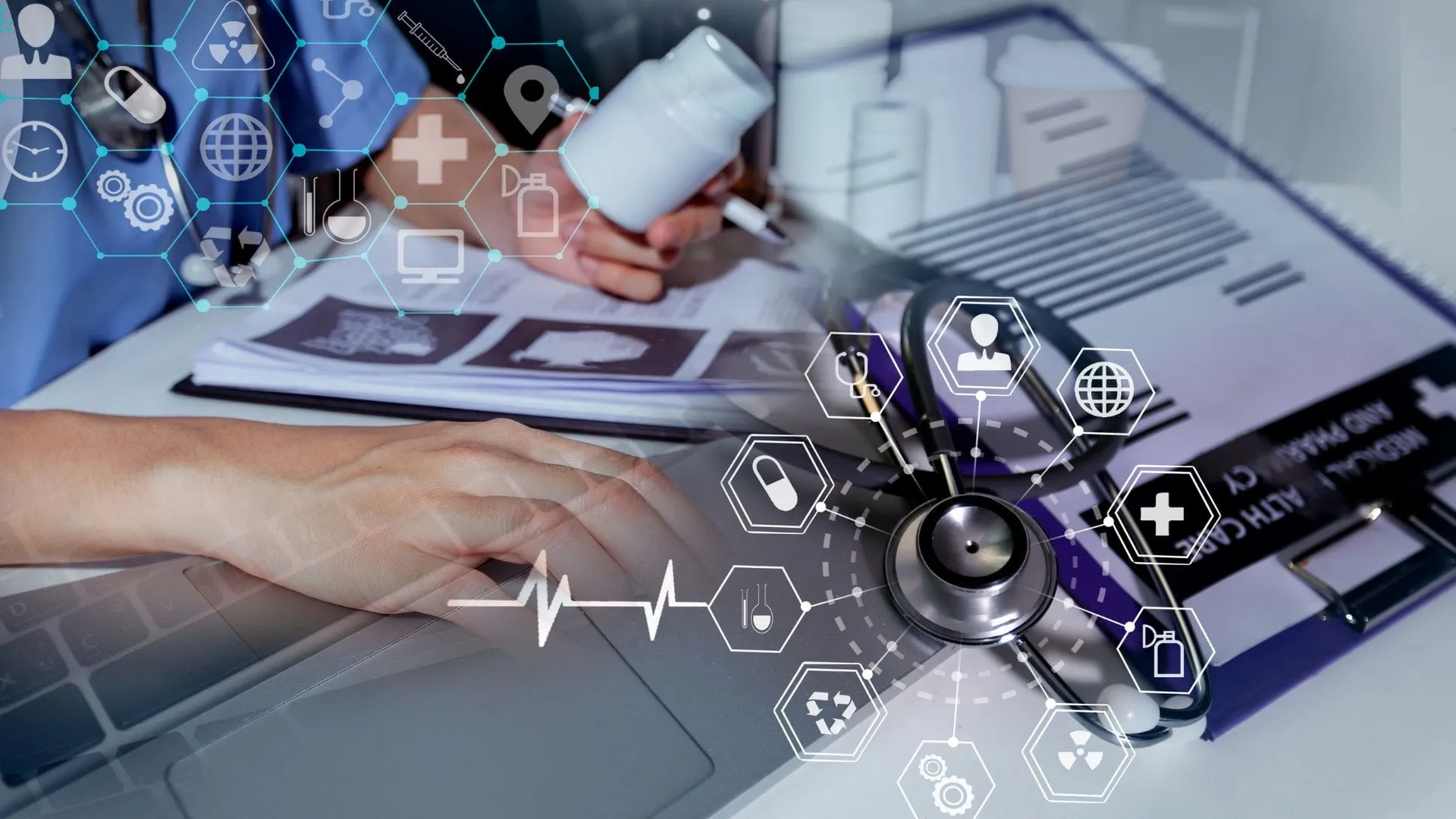 Healthcare marketing in 2026 digital strategy with stethoscope and clinic data interface